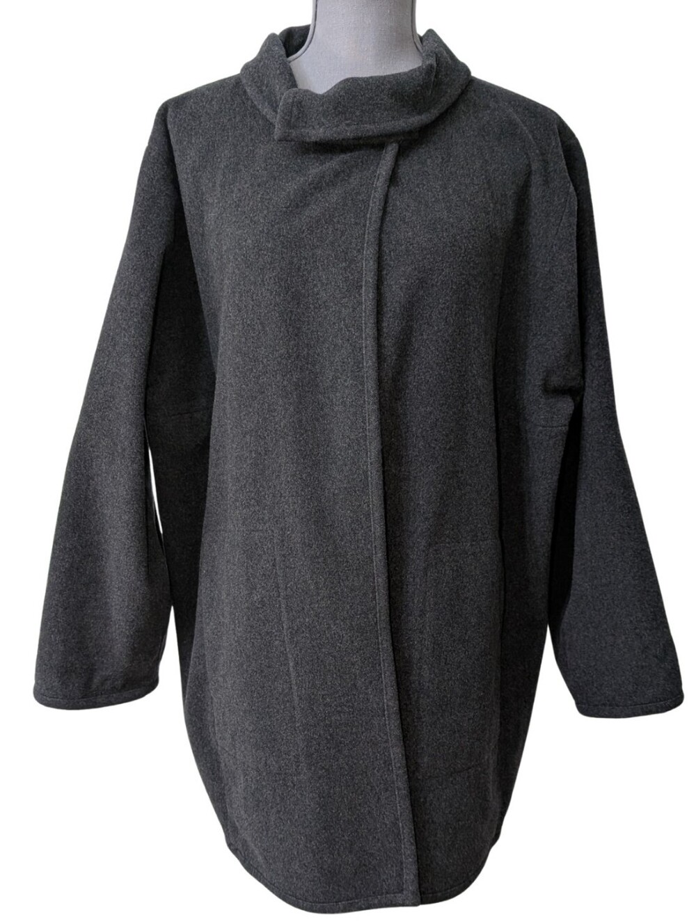 Eileen Fisher Charcoal Gray 100% Wool Asymmetrical Snap Funnel Neck Coat M
